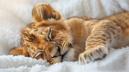 High key image style: Lion cub sleeping White background, soft tone image, natural light