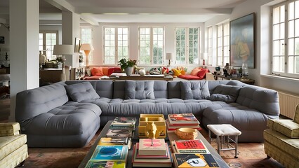 Grey sofa in bright living room