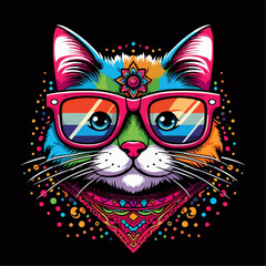 cat wear colorful sunglasses illustration for t-shirt design