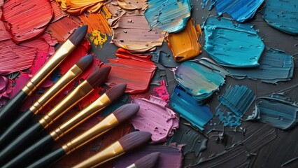 Poster - This Artistic brushes and paint strokes create a vibrant background. Creative tools in action.