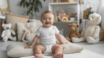 cute baby onesie mockup with beautiful toys in hyper detailed styled photography