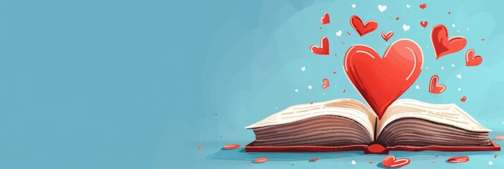 World Book Lovers Day. Horizontal banner. Open book with hearts above the pages. Copy space. Day of knowledge, day of literacy. Back to school, education learning concept. National library Day