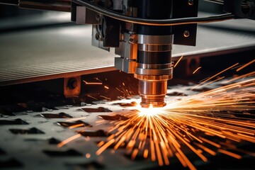 Fototapete - Close-up of CNC laser cutting machine producing sparks while working on a metal piece