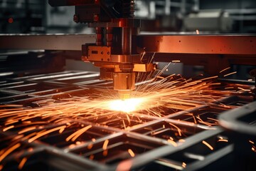 Fototapete - Close-up of CNC laser cutting machine producing sparks while working on a metal piece