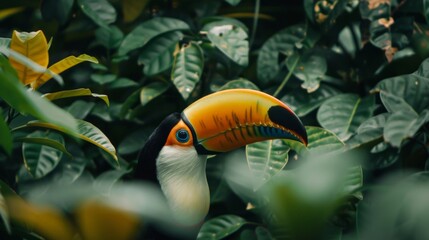 close-up of a toucan with its striking beak, nestled among vibrant green leaves in a tropical forest