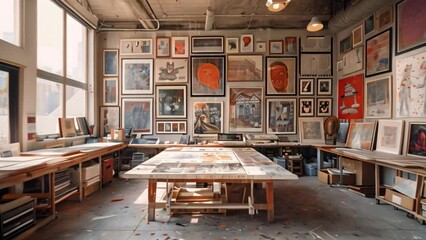Poster - This Artist's workspace with canvases, brushes, and paint tubes, creative process.