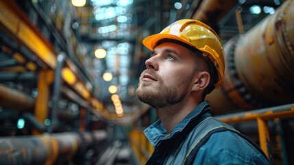 Wall Mural - Male inspector conducting checks on steel pipes and elbows at refinery.