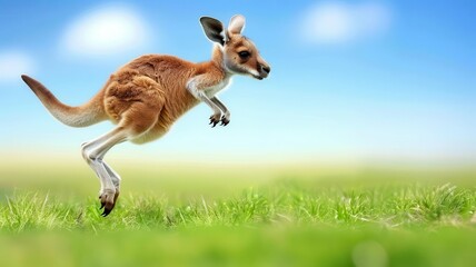 A playful baby kangaroo with a joey in its pouch, hopping across a green field, against a clear blue sky background