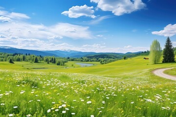 Wall Mural - Spring and summer natural panoramic pastoral landscape field grass countryside.
