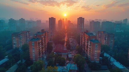 Wall Mural - A city skyline with a beautiful orange sunset in the background