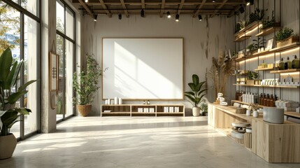 Sticker - A white wall with a large mirror and a plant on it. The room is filled with plants and has a modern, minimalist design