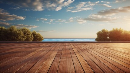 Wall Mural - Peaceful poolside retreat with an empty wooden deck.