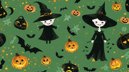 Wall Mural - Fun Halloween pattern with witches, bats, and jack-o'-lanterns on a green background