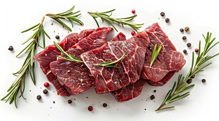 Wall Mural - Raw Beef Steak With Rosemary and Peppercorns on a White Surface