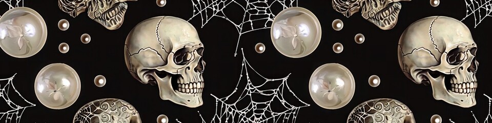 Wall Mural - Elegant Halloween pattern with lacey spider webs, pearls, and gothic skulls on a black background