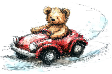 Watercolor illustration of a teddy-bear driving a red toy car. 