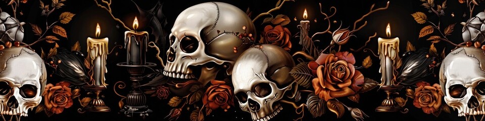 Wall Mural - Elegant Halloween pattern with gothic-style skulls, roses, and candles on a black velvet background