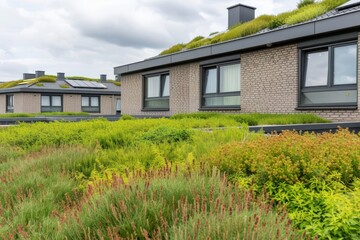 A sustainable urban area featuring rooftop gardens and energyefficient homes with copy space