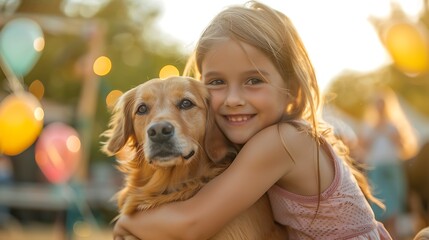 Wall Mural - A child hugging a dog with a joyful expression, surrounded by dog-themed decorations at a World Dog Day event. Copy space for text, sharp focus and clear light, high clarity, no grunge, splash, dust,