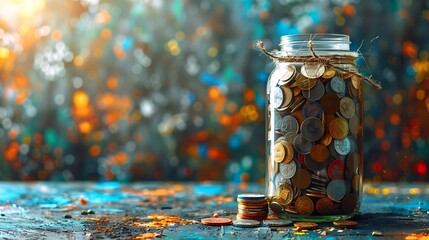 Canvas Print - A large donation jar overflowing with contributions, representing the generosity celebrated on International Day of Charity. Copy space for text, sharp focus and clear light, high clarity, no grunge,