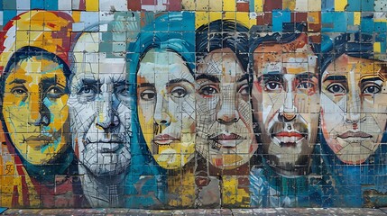 Wall Mural - A community mural depicting faces of the disappeared, created by local artists to raise awareness on the International Day of Remembrance of Enforced Disappearance. Copy space for text, sharp focus