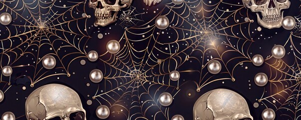 Wall Mural - Elegant Halloween pattern with lacey spider webs, pearls, and gothic skulls on a dark background