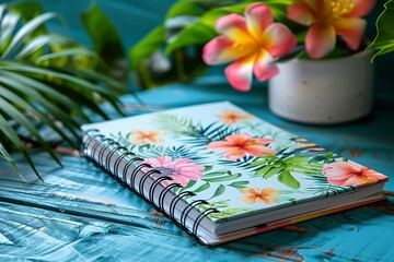 Wall Mural - Floral Notebook On Blue Wooden Table With Tropical Flowers