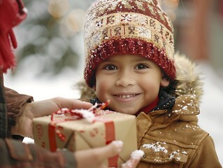 A heartwarming image of a child receiving a gift from a charity worker during a holiday toy drive.