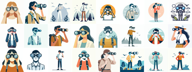 Canvas Print - vector set of people using binoculars in flat design style