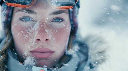 Wall Mural - The close up picture of the person looking at the camera with the white snow background in the middle of the snowy ice field, the skill require for ice field are fitness, ice safety knowledge. AIG43.