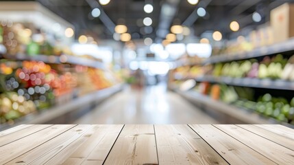 Wall Mural - Empty wooden table top for product display, presentation stage. Blurred supermarket with products on shelves in the background.