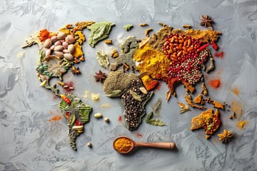 Food Art. World Map of Spice Colors, Composition and Assortment on Grey Background