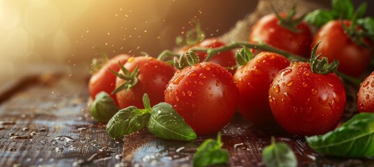 Wall Mural - Fresh tomatoes covered with dew on a rustic wood on a fuzzy background