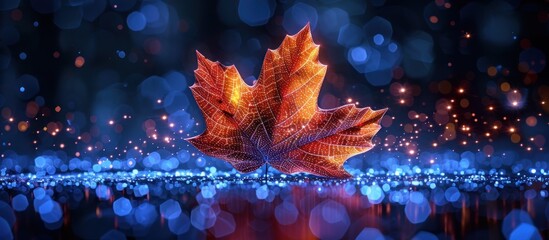 Wall Mural - A Glowing Maple Leaf in a Blue Bokeh World
