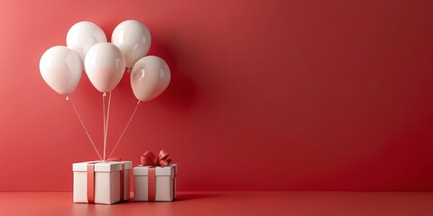 Sticker - White Balloons and Gifts on a Red Background - White balloons tied to two gifts are floating against a red wall, creating a festive atmosphere.