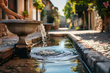 Public fountain in a village street providing refreshment, a communal water feature for residents and visitors.