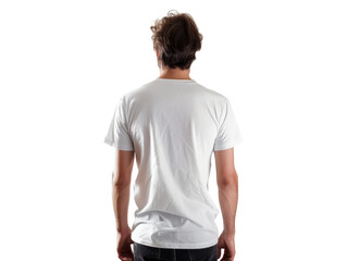 Man wearing plain white t-shirt mockup standing with back turned, isolated on white background, displaying casual fashion.