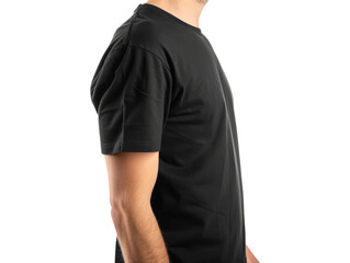 Side view of a person wearing a plain black t-shirt. Ideal for clothing advertisements and apparel design mockups.