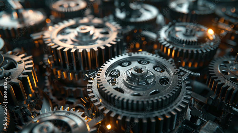 Interlocking gears and cogs form a complex mechanism, each detail ...