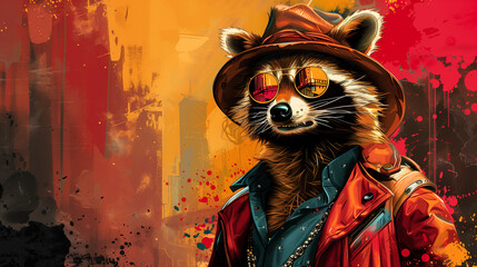 Wall Mural - A digital illustration depicting a raccoon wearing a fedora, sunglasses, and a leather jacket, standing against a colorful cityscape backdrop
