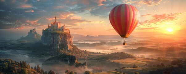 A hot air balloon shaped like a castle floating over a medieval landscape (realistic)