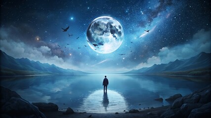 Sticker - Silhouette of a Man Gazing at the Night Sky - A lone figure stands by a lake, looking up at a large, luminous moon surrounded by a star-filled night sky.