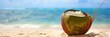 © Naveed - A refreshing coconut water in a fresh coconut, served on a sandy beach with a clear blue ocean in the background