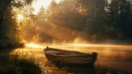 Wall Mural - misty forest lake at dawn weathered wooden boat in foreground golden sunlight piercing through trees atmospheric and serene