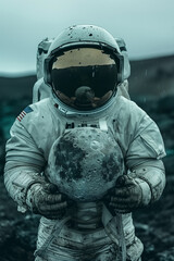 Wall Mural - A astronaut character isolated holding a big model of the moon, hover flying style, dark background, in a distant planet