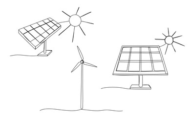 Solar panel and wind generator one line silhouettes set. Doodle outline continuous icon. Sustainable power