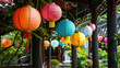 © Santy Hong - Colorful paper lanterns hanging in a temple courtyard