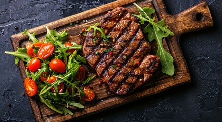 Wall Mural - Grilled Steak With Arugula Salad and Cherry Tomatoes on Wooden Cutting Board