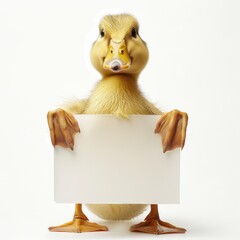 A cute duck and paws holds a white acrylic sheet in its paws against a isolated on white background, looking directly at the camera with an attentive expression