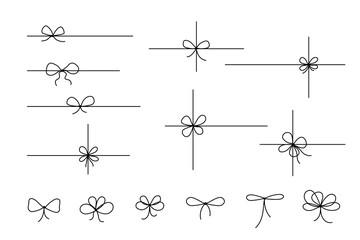 Wall Mural - Gift bow for present icons collection. Ribbon with knot doodle, vector line drawing. Outline minimal tie hand drawn sketch isolated on white